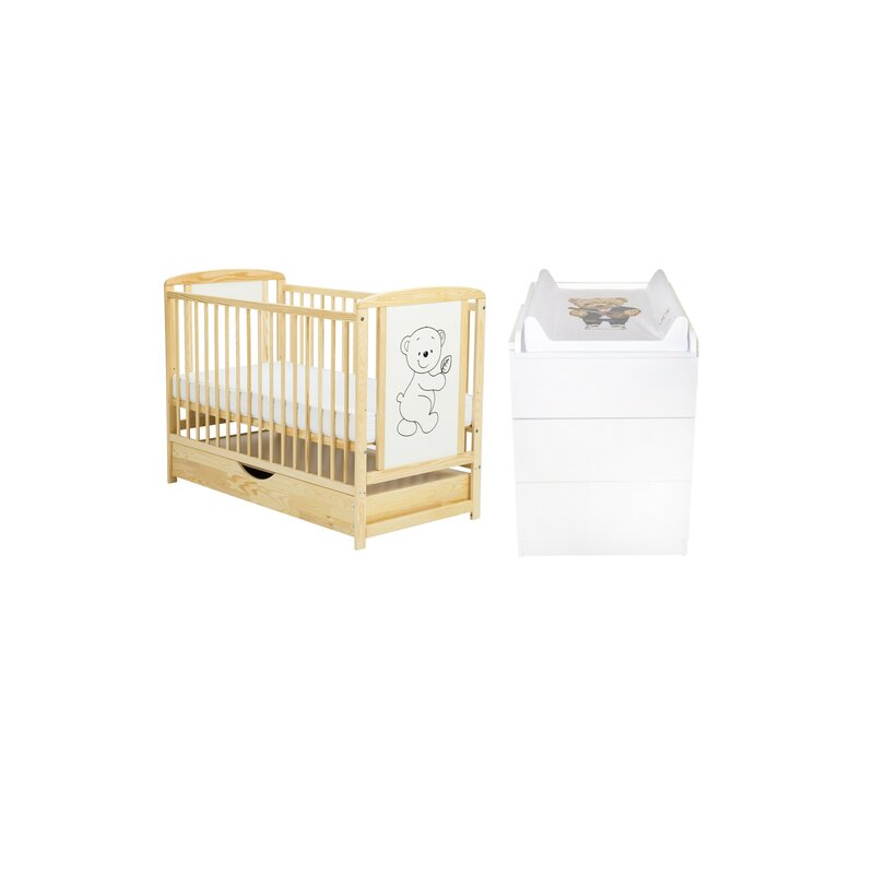 Set mobilier pentru copii, BabyNeeds: Patut din lemn de pin si MDF, cu sertar cu capac si somiera reglabila in 3 trepte, Timmi, 120x60 cm + Saltea cocos-burete-cocos, 12 cm + Comoda cu masuta de infasat, Alb/ Natur