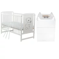 Set mobilier pentru copii, BabyNeeds: Patut din lemn de pin si MDF, cu somiera reglabila in 3 trepte, Timmi, 120x60 cm + Saltea cocos-burete-cocos, 12 cm + Comoda cu masuta de infasat, Alb