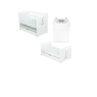 Set mobilier pentru copii, BabyNeeds: Patut multifunctional din lemn de pin, transformabil junior, cu sertar si somiera reglabila in 3 trepte, Nadia II, 120x60 cm + Saltea cocos-burete 12 cm + Comoda cu masa de infasat, Alb