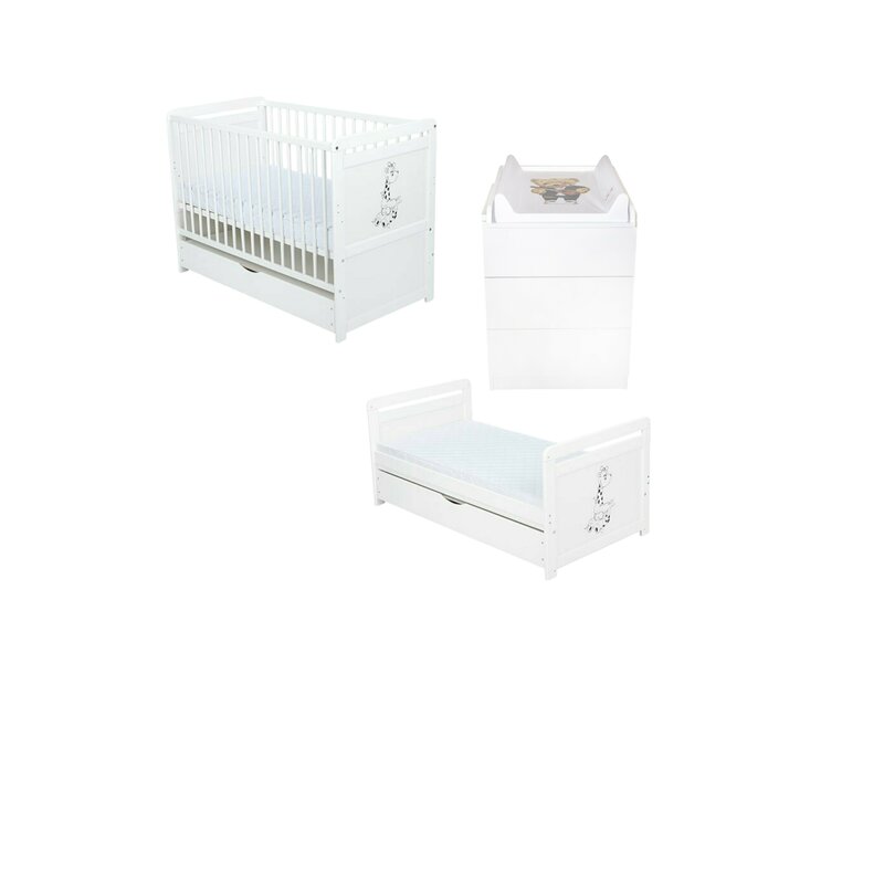 Set mobilier pentru copii, BabyNeeds: Patut multifunctional din lemn de pin, transformabil junior, cu sertar si somiera reglabila in 3 trepte, Nadia II, 120x60 cm + Saltea cocos-burete 12 cm + Comoda cu masa de infasat, Alb
