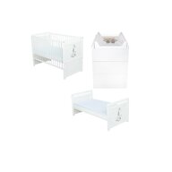 Set mobilier pentru copii, BabyNeeds: Patut multifunctional din lemn de pin, transformabil junior, cu somiera reglabila in 3 trepte, Nadia II, 120x60 cm + Saltea cocos-burete 10 cm + Comoda cu masa de infasat, Alb