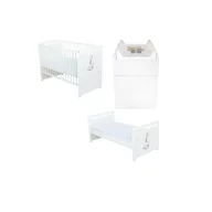 Set mobilier pentru copii, BabyNeeds: Patut multifunctional din lemn de pin, transformabil junior, cu somiera reglabila in 3 trepte, Nadia II, 120x60 cm + Saltea cocos-burete 12 cm + Comoda cu masa de infasat, Alb