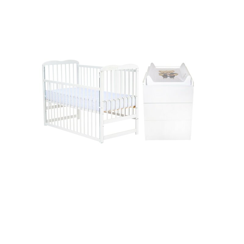 Set mobilier pentru copii, Qmini: Patut din lemn de pin cu roti, cu laterala culisanta si somiera reglabila in 3 trepte, Agata, 120x60 cm + Saltea cocos-burete-cocos, 12 cm + Comoda cu masuta de infasat, Alb
