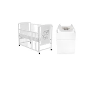Set mobilier pentru copii, Qmini: Patut din lemn de pin cu roti, cu laterala culisanta si somiera reglabila in 3 trepte, Timmi Elefant, 120x60 cm + Saltea cocos-burete-cocos, 10 cm + Comoda cu masuta de infasat, Alb