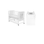 Set mobilier pentru copii, Qmini: Patut din lemn de pin cu roti, cu laterala culisanta si somiera reglabila in 3 trepte, Timmi Elefant, 120x60 cm + Saltea cocos-burete-cocos, 12 cm + Comoda cu masuta de infasat, Alb - 1