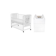 Set mobilier pentru copii, Qmini: Patut din lemn de pin cu roti, cu laterala culisanta si somiera reglabila in 3 trepte, Timmi Elefant, 120x60 cm + Saltea cocos-burete-cocos, 12 cm + Comoda cu masuta de infasat, Alb
