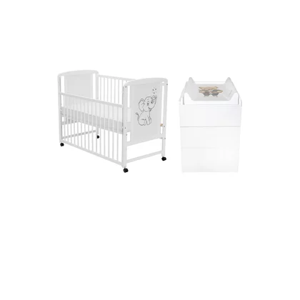 Set mobilier pentru copii, Qmini: Patut din lemn de pin cu roti, cu laterala culisanta si somiera reglabila in 3 trepte, Timmi Elefant, 120x60 cm + Saltea cocos-burete-cocos, 12 cm + Comoda cu masuta de infasat, Alb