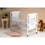 Set mobilier pentru copii, Qmini: Patut din lemn de pin cu roti, cu laterala culisanta si somiera reglabila in 3 trepte, Timmi Elefant, 120x60 cm + Saltea cocos-burete-cocos, 12 cm + Comoda cu masuta de infasat, Alb - 3