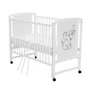 Set mobilier pentru copii, Qmini: Patut din lemn de pin cu roti, cu laterala culisanta si somiera reglabila in 3 trepte, Timmi Elefant, 120x60 cm + Saltea cocos-burete-cocos, 12 cm + Comoda cu masuta de infasat, Alb - 6