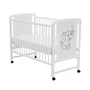 Set mobilier pentru copii, Qmini: Patut din lemn de pin cu roti, cu laterala culisanta si somiera reglabila in 3 trepte, Timmi Elefant, 120x60 cm + Saltea cocos-burete-cocos, 12 cm + Comoda cu masuta de infasat, Alb - 7