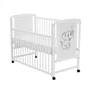 Set mobilier pentru copii, Qmini: Patut din lemn de pin cu roti, cu laterala culisanta si somiera reglabila in 3 trepte, Timmi Elefant, 120x60 cm + Saltea cocos-burete-cocos, 12 cm + Comoda cu masuta de infasat, Alb - 8