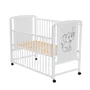Set mobilier pentru copii, Qmini: Patut din lemn de pin cu roti, cu laterala culisanta si somiera reglabila in 3 trepte, Timmi Elefant, 120x60 cm + Saltea cocos-burete-cocos, 12 cm + Comoda cu masuta de infasat, Alb - 9