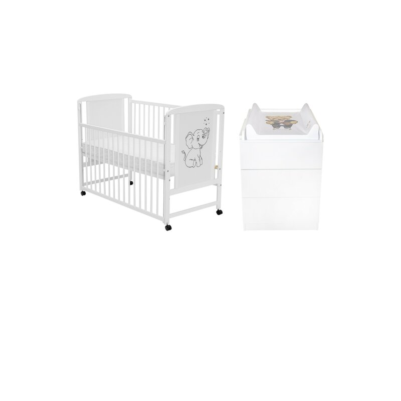 Set mobilier pentru copii, Qmini: Patut din lemn de pin cu roti, cu laterala culisanta si somiera reglabila in 3 trepte, Timmi Elefant, 120x60 cm + Saltea cocos-burete-cocos, 8 cm + Comoda cu masuta de infasat, Alb