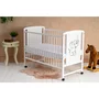 Set mobilier pentru copii, Qmini: Patut din lemn de pin cu roti, cu laterala culisanta si somiera reglabila in 3 trepte, Timmi Elefant, 120x60 cm + Saltea cocos-burete-cocos, 8 cm + Comoda cu masuta de infasat, Alb - 5