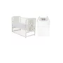 Set mobilier pentru copii, Qmini: Patut din lemn de pin cu roti, cu laterala culisanta si somiera reglabila in 3 trepte, Timmi Heart, 120x60 cm + Saltea cocos-burete-cocos, 12 cm + Comoda cu masuta de infasat, Alb - 1