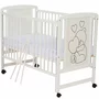 Set mobilier pentru copii, Qmini: Patut din lemn de pin cu roti, cu laterala culisanta si somiera reglabila in 3 trepte, Timmi Heart, 120x60 cm + Saltea cocos-burete-cocos, 12 cm + Comoda cu masuta de infasat, Alb - 9