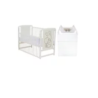 Set mobilier pentru copii, Qmini: Patut din lemn de pin cu roti, cu laterala culisanta si somiera reglabila in 3 trepte, Timmi Heart, 120x60 cm + Saltea cocos-burete-cocos, 8 cm + Comoda cu masuta de infasat, Alb