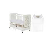 Set mobilier pentru copii, Qmini: Patut din lemn de pin si MDF cu roti, cu sertar cu capac si somiera reglabila in 3 trepte, Timmi Heart, 120x60 cm + Saltea cocos-burete-cocos, 12 cm + Comoda cu masuta de infasat, Alb