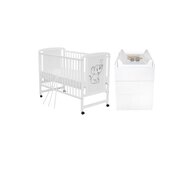Set mobilier pentru copii, Qmini: Patut din lemn de pin si MDF cu roti, cu somiera reglabila in 3 trepte, Timmi Elefant, 120x60 cm + Saltea cocos-burete-cocos, 12 cm + Comoda cu masuta de infasat, Alb