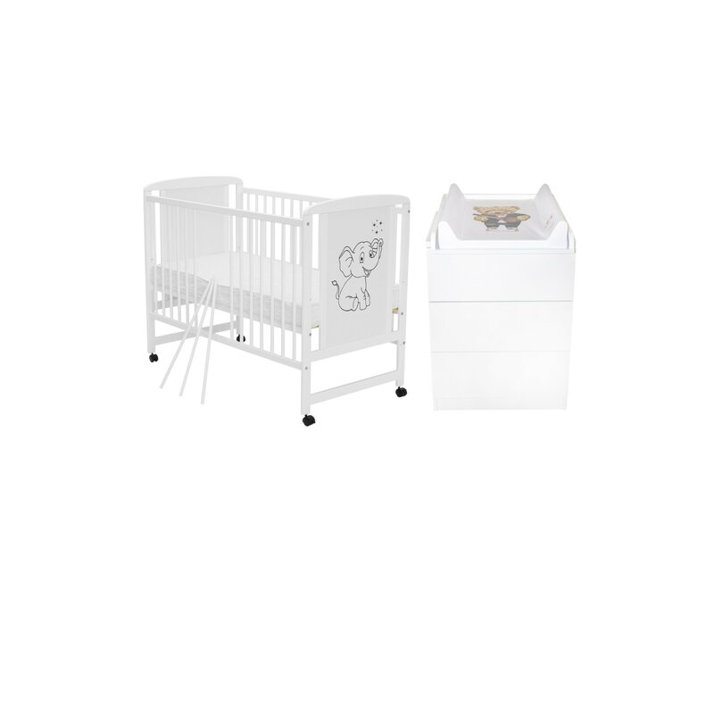 Set mobilier pentru copii, Qmini: Patut din lemn de pin si MDF cu roti, cu somiera reglabila in 3 trepte, Timmi Elefant, 120x60 cm + Saltea cocos-burete-cocos, 12 cm + Comoda cu masuta de infasat, Alb