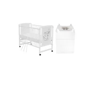 Set mobilier pentru copii, Qmini: Patut din lemn de pin si MDF cu roti, cu somiera reglabila in 3 trepte, Timmi Elefant, 120x60 cm + Saltea cocos-burete-cocos, 8 cm + Comoda cu masuta de infasat, Alb