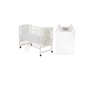Set mobilier pentru copii, Qmini: Patut din lemn de pin si MDF cu roti, cu somiera reglabila in 3 trepte, Timmi Heart, 120x60 cm + Saltea cocos-burete-cocos, 12 cm + Comoda cu masuta de infasat, Alb