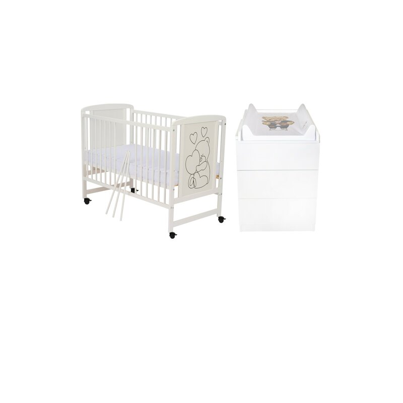 Set mobilier pentru copii, Qmini: Patut din lemn de pin si MDF cu roti, cu somiera reglabila in 3 trepte, Timmi Heart, 120x60 cm + Saltea cocos-burete-cocos, 8 cm + Comoda cu masuta de infasat, Alb