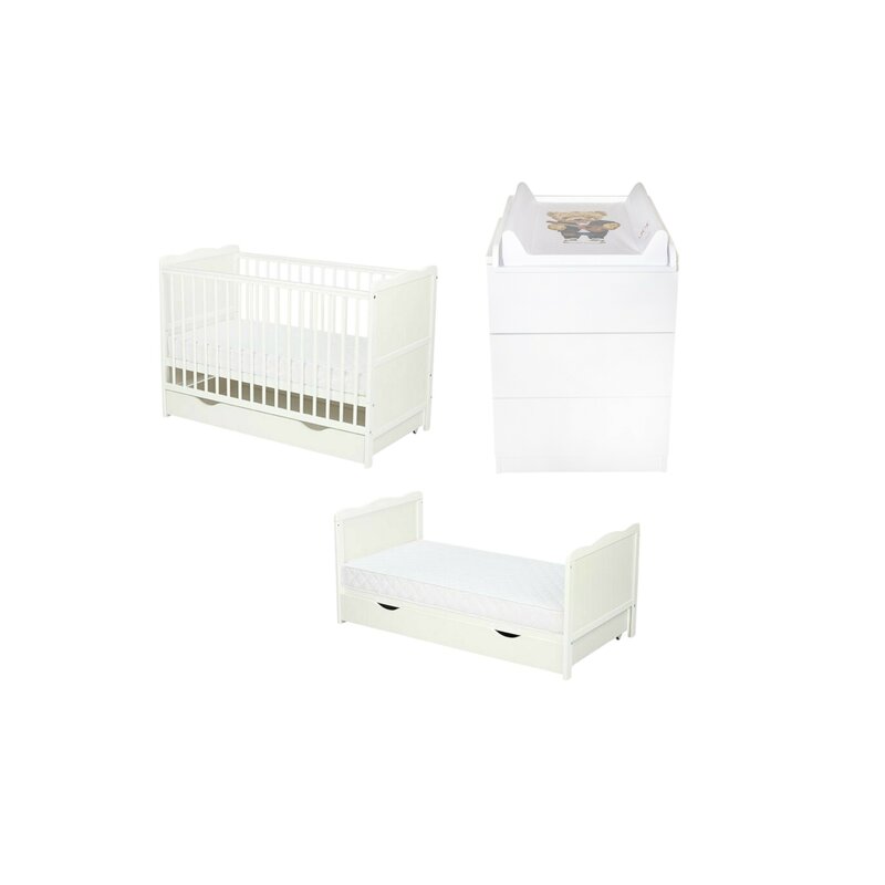 Set mobilier pentru copii, Qmini: Patut multifunctional din lemn de pin, cu sertar si somiera reglabila in 3 trepte, Julia, cu protectie dentitie, 120x60 cm + Saltea cocos-burete 12 cm + Comoda Qmini cu masa infasat, Alb