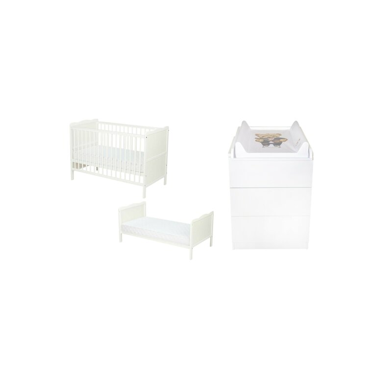 Set mobilier pentru copii, Qmini: Patut multifunctional din lemn de pin, cu somiera reglabila in 3 trepte si cu protectie pentru dentitie, Julia, 120x60 cm + Saltea cocos-burete 8 cm + Comoda cu masa infasat, Alb