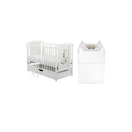 Set mobilier pentru copii, BabyNeeds: Patut cu sertar din lemn de pin si MDF, cu somiera reglabila in 3 trepte, Timmi Girafa, 120x60 cm + Saltea cocos-burete-cocos, 10 cm + Comoda cu masuta de infasat, Alb