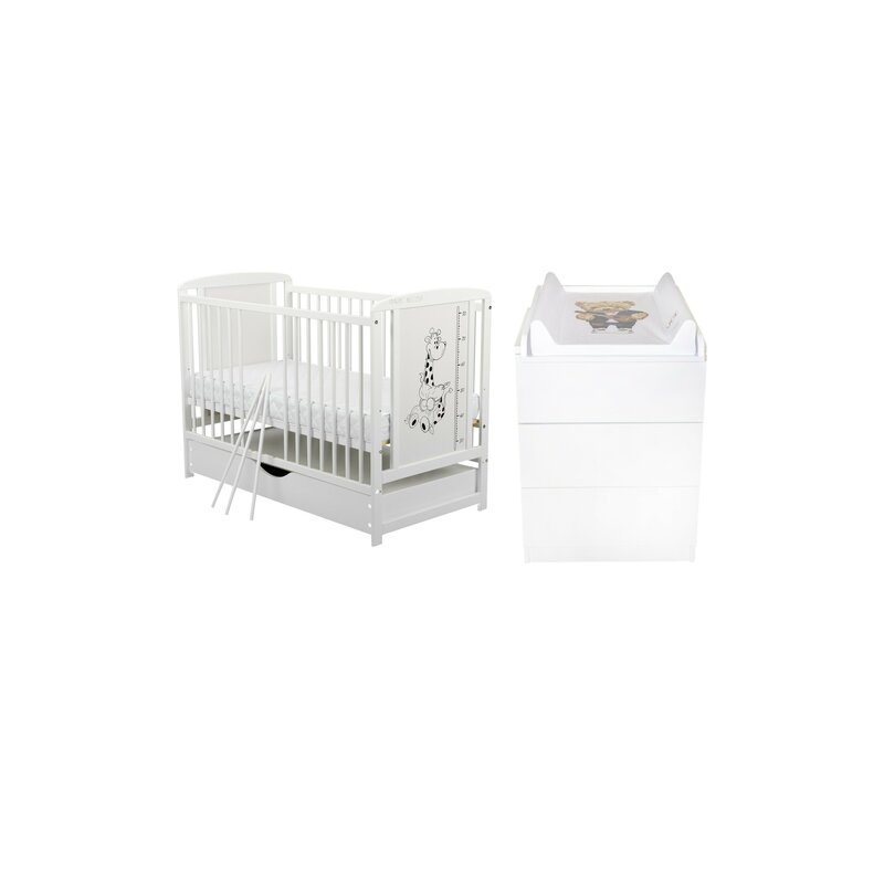 Set mobilier pentru copii, BabyNeeds: Patut cu sertar din lemn de pin si MDF, cu somiera reglabila in 3 trepte, Timmi Girafa, 120x60 cm + Saltea cocos-burete-cocos, 12 cm + Comoda cu masuta de infasat, Alb