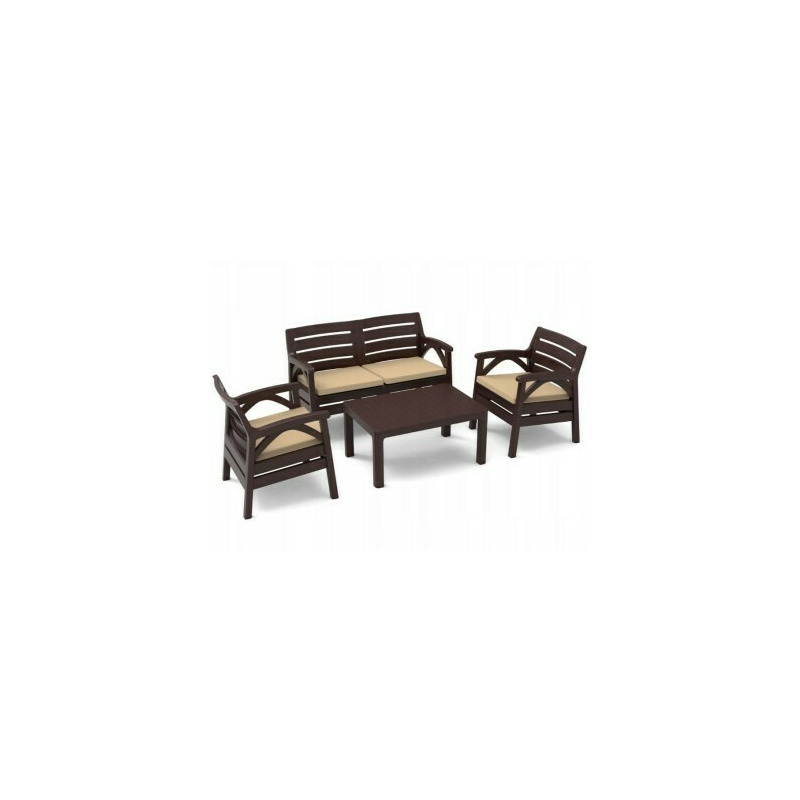 Set mobilier pentru gradina sau terasa, 4 persoane, maro, 1 masa, 2 scaune, 1 canapea cu 2 locuri