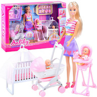 Set papusa Anlily Doll, 30 cm, babysitter cu 2 bebelusi, carucior, patut, scaun de masa, Jokomisiada