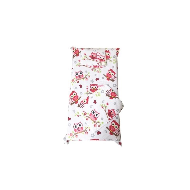 Deseda - set paturica bebe cu cearsaf si pernuta pt pat 120x60 cm bufnite cu rosu