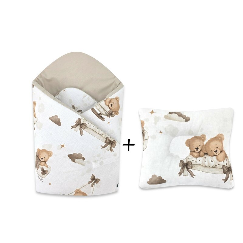 Set paturica de infasat, MimiNu, Dimensiune 75x75 cm + Perna bebelusi profilata, Cu functie anti-soc, 23x26 cm, Materiale certificate Oeko Tex Standard 100, Tedy bear dreams beige