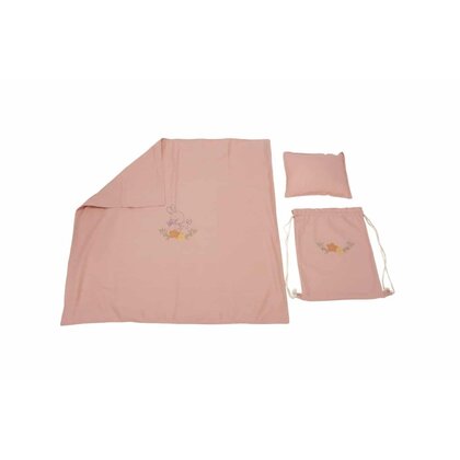 Somnart - Set paturica + perna + rucsac, cu broderie, din in, pink