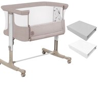 Set patut co-sleeper, Lionelo, Aurora, cu leganare si setare unghiulara, 3 in 1, 85x60x66 cm, Bej + 2 cearceafuri cu elastic, Qmini, din bumbac certificat Oeko Tex, Alb & Gri