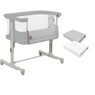 Set patut co-sleeper, Lionelo, Aurora, cu leganare si setare unghiulara, 3 in 1, 85x60x66 cm, Gri  deschis+ 2 cearceafuri cu elastic, Qmini, din bumbac certificat Oeko Tex, Alb & Gri