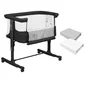 Set patut co-sleeper, Lionelo, Aurora, cu leganare si setare unghiulara, 3 in 1, 85x60x66 cm, Gri inchis+ 2 cearceafuri cu elastic, Qmini, din bumbac certificat Oeko Tex, Alb & Gri