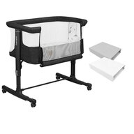 Set patut co-sleeper, Lionelo, Aurora, cu leganare si setare unghiulara, 3 in 1, 85x60x66 cm, Gri inchis+ 2 cearceafuri cu elastic, Qmini, din bumbac certificat Oeko Tex, Alb & Gri