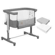 Set patut co-sleeper, Lionelo, Aurora, cu leganare si setare unghiulara, 3 in 1, 85x60x66 cm, Gri + 2 cearceafuri cu elastic, Qmini, din bumbac certificat Oeko Tex, Alb & Gri