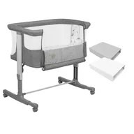Set patut co-sleeper, Lionelo, Aurora, cu leganare si setare unghiulara, 3 in 1, 85x60x66 cm, Gri + 2 cearceafuri cu elastic, Qmini, din bumbac certificat Oeko Tex, Alb & Gri