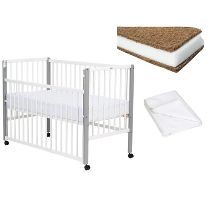 Set Patut din lemn cu laterala culisanta, Saltea Cocos Confort II si Protectie impermeabila Qmini