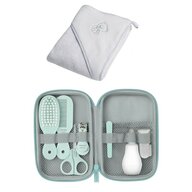 Set pentru igiena, Philips Avent: Aspirator nazal, Periuta de dinti pentru deget, Forfecuta, Unghiera, Pile, Pieptan si perie par +  Prosop de baie din bumbac, Qmini, 80x80 cm, Gri