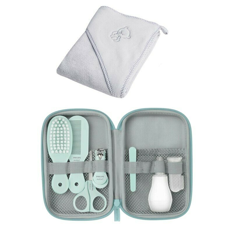 Set pentru igiena, Philips Avent: Aspirator nazal, Periuta de dinti pentru deget, Forfecuta, Unghiera, Pile, Pieptan si perie par + Prosop de baie din bumbac, Qmini, 80x80 cm, Gri