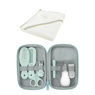 Set pentru igiena, Philips Avent: Aspirator nazal, Periuta de dinti pentru deget, Forfecuta, Unghiera, Pile, Pieptan si perie par + Prosop de baie din bumbac, Qmini, 80x80 cm, Ecru