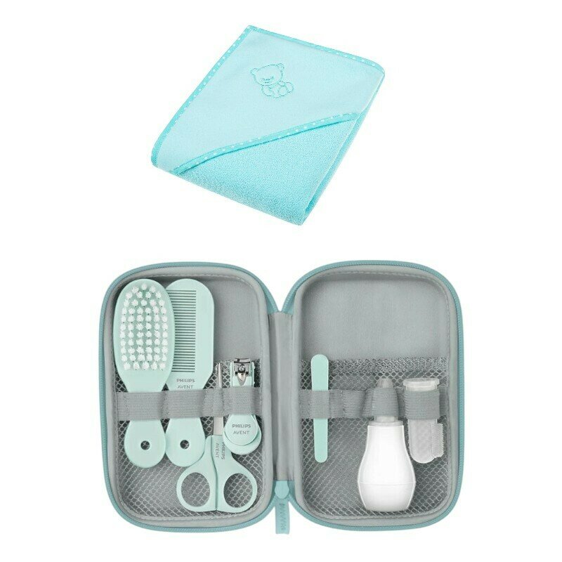 Set pentru igiena, Philips Avent: Aspirator nazal, Periuta de dinti pentru deget, Forfecuta, Unghiera, Pile, Pieptan si perie par + Prosop de baie din bumbac, Qmini, 80x80 cm, Turquoise