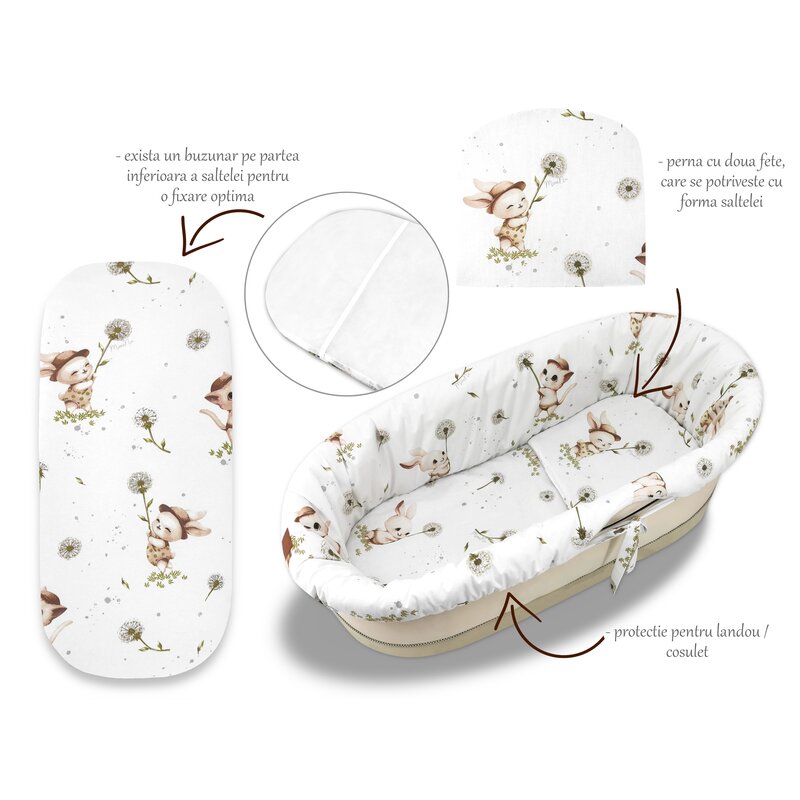 Set pentru landou/cosulet, MimiNu, Cu protectie, saltea si pernuta, Din bumbac certificat Oeko Tex Standard 100, Cats