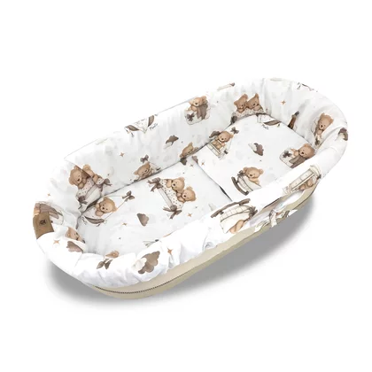 Set pentru landou/cosulet, MimiNu, Cu protectie, saltea si pernuta, Din bumbac certificat Oeko Tex Standard 100, Tedy bear dreams beige