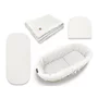 Set pentru landou/cosulet, Qmini, Cu protectie, pilota, saltea, pernuta, Din muselina dubla, Material certificat Oeko Tex Standard 100, Cream